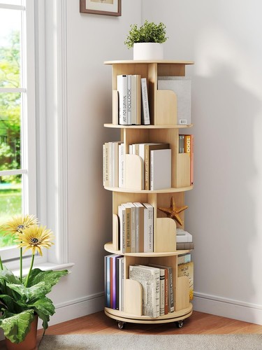 Rotating bookshelf tier with - rotating,